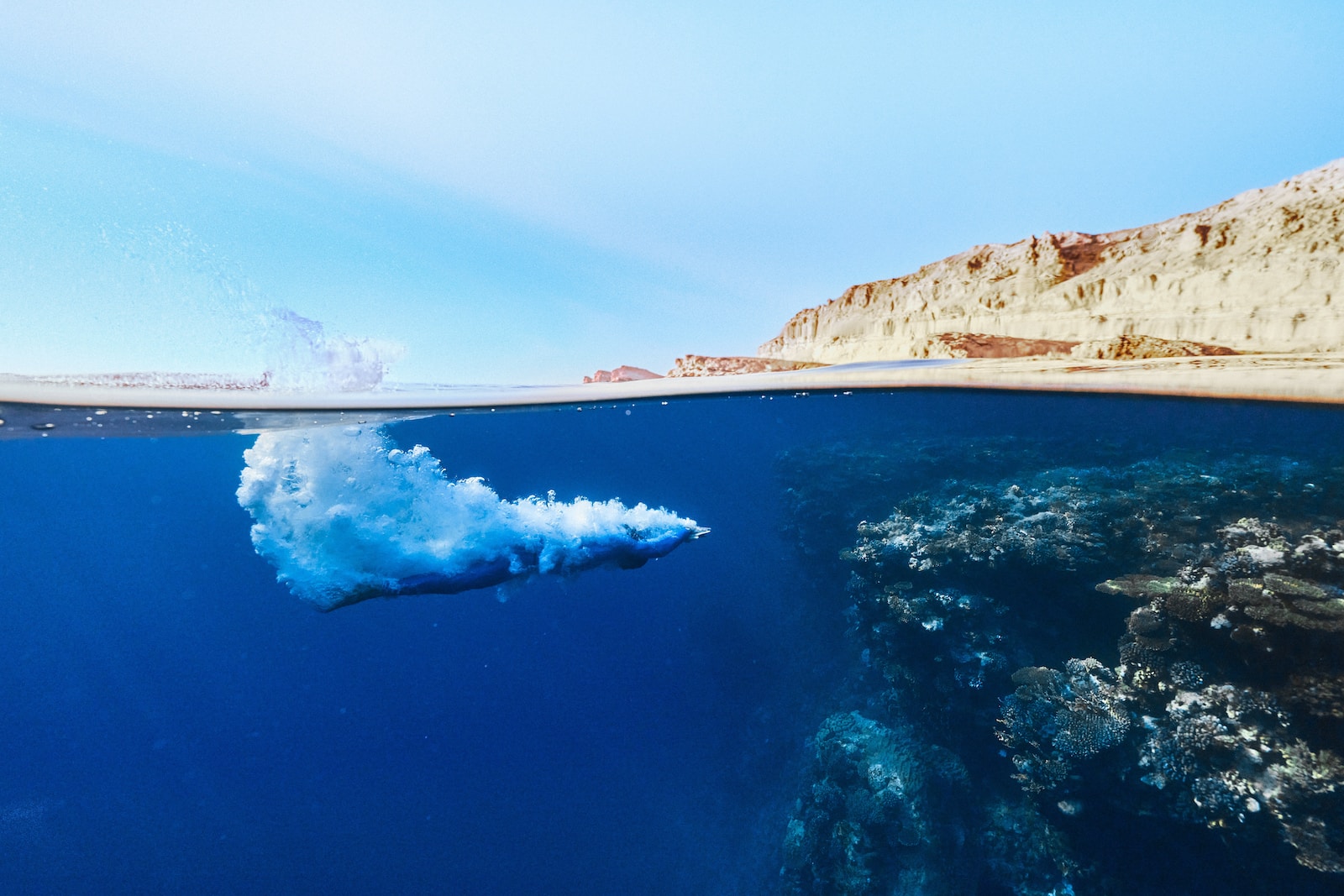 an underwater view of person diving in the ocean